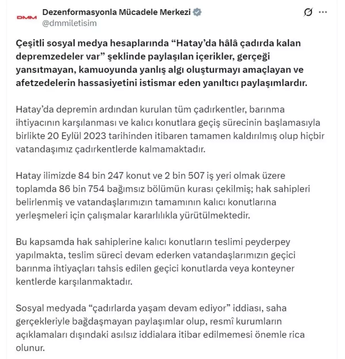 Hatay'da Çadır Kentler Kaldırıldı, İletişim Başkanlığı Açıklama Yaptı