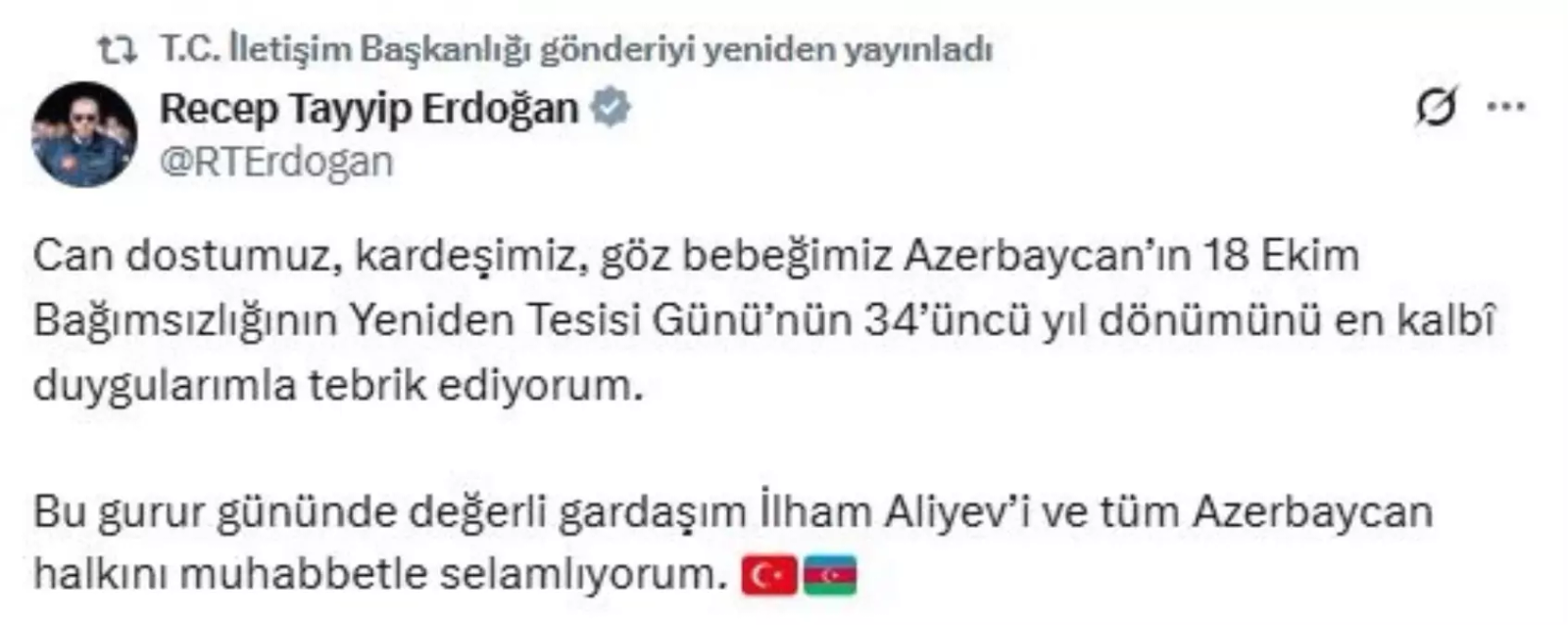 Cumhurbaşkanı Erdoğan, Azerbaycan'ın Bağımsızlık Gününü Kutladı