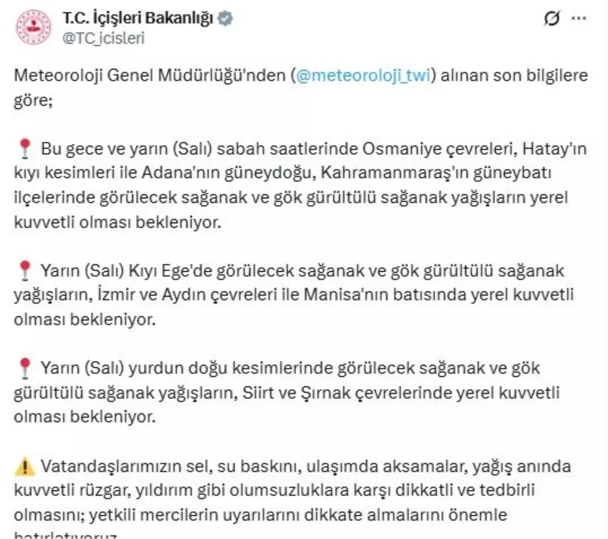 İçişleri Bakanlığı'ndan Sarı Kodlu Uyarı: 9 İl İçin Şiddetli Yağış Bekleniyor