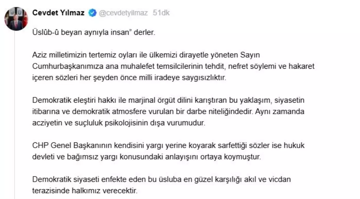 Cumhurbaşkanı Yardımcısı Yılmaz'dan CHP Liderinin Sözlerine Tepki