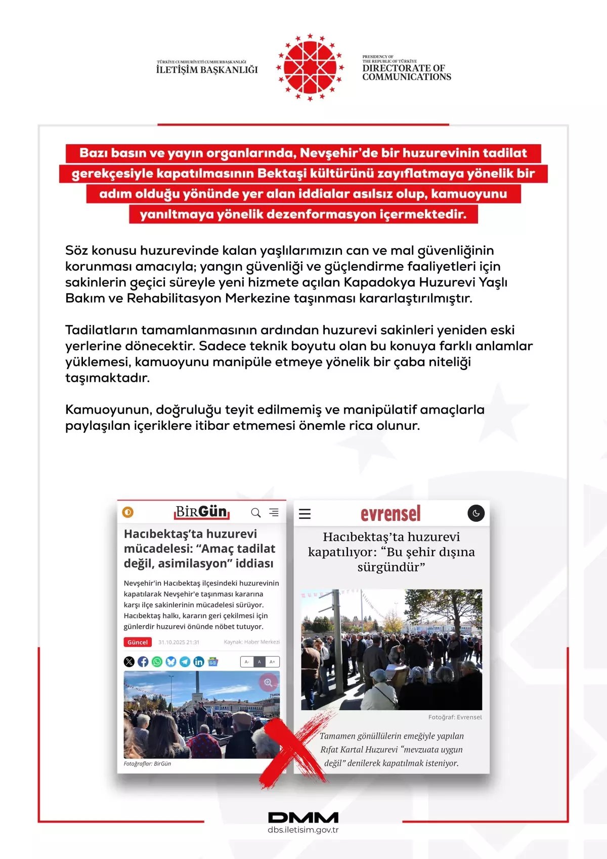 Dezenformasyonla Mücadele Merkezi'nden Huzurevi Açıklaması