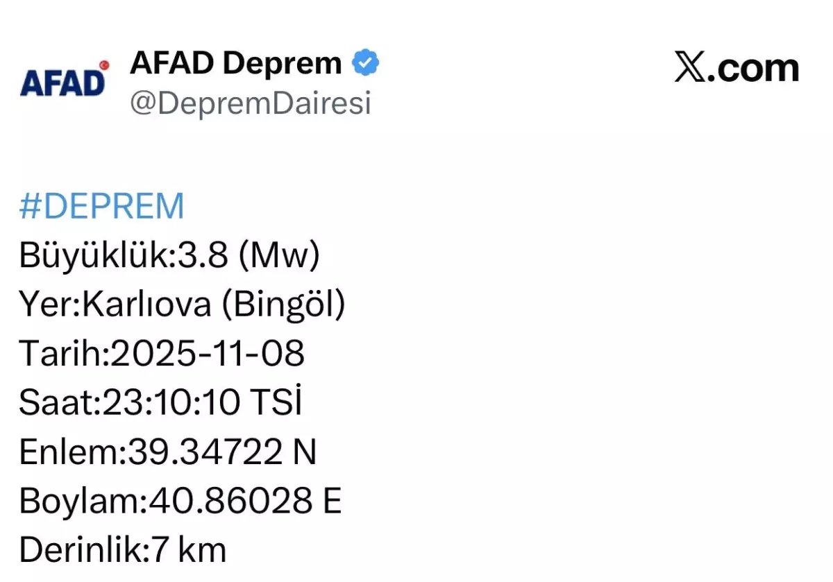 Bingöl'ün Karlıova ilçesinde 3.8 büyüklüğünde deprem