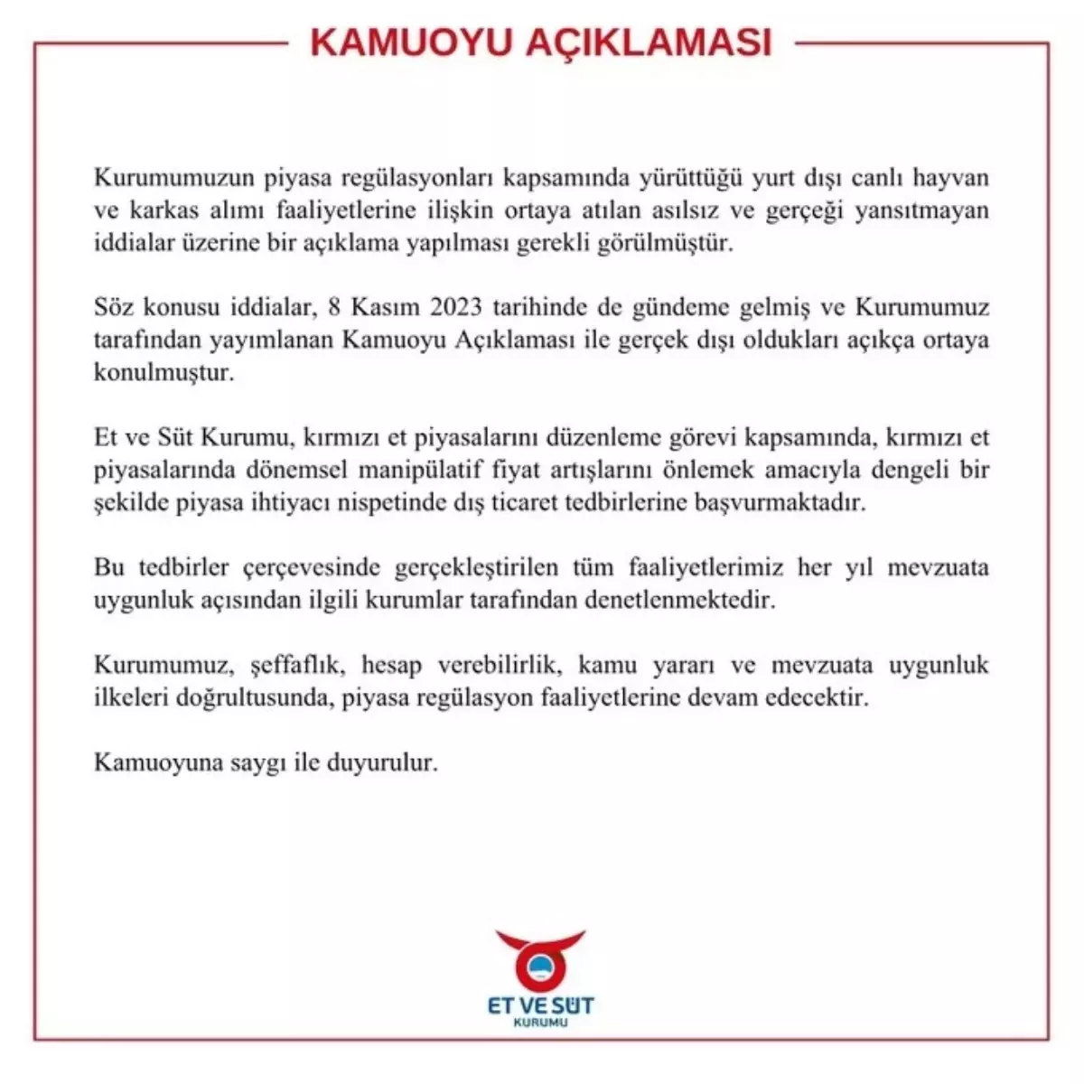 ET ve Süt Kurumu'ndan Tartışmalı İddialara Cevap