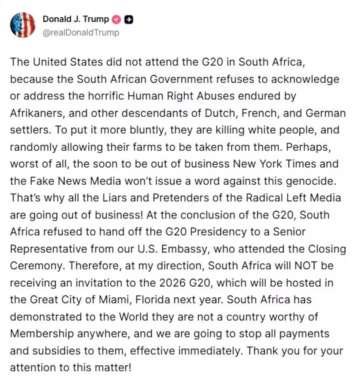 Trump'tan Güney Afrika'ya Sert Tepki: G20 Zirvesi'ne Davet Edilmeyecek