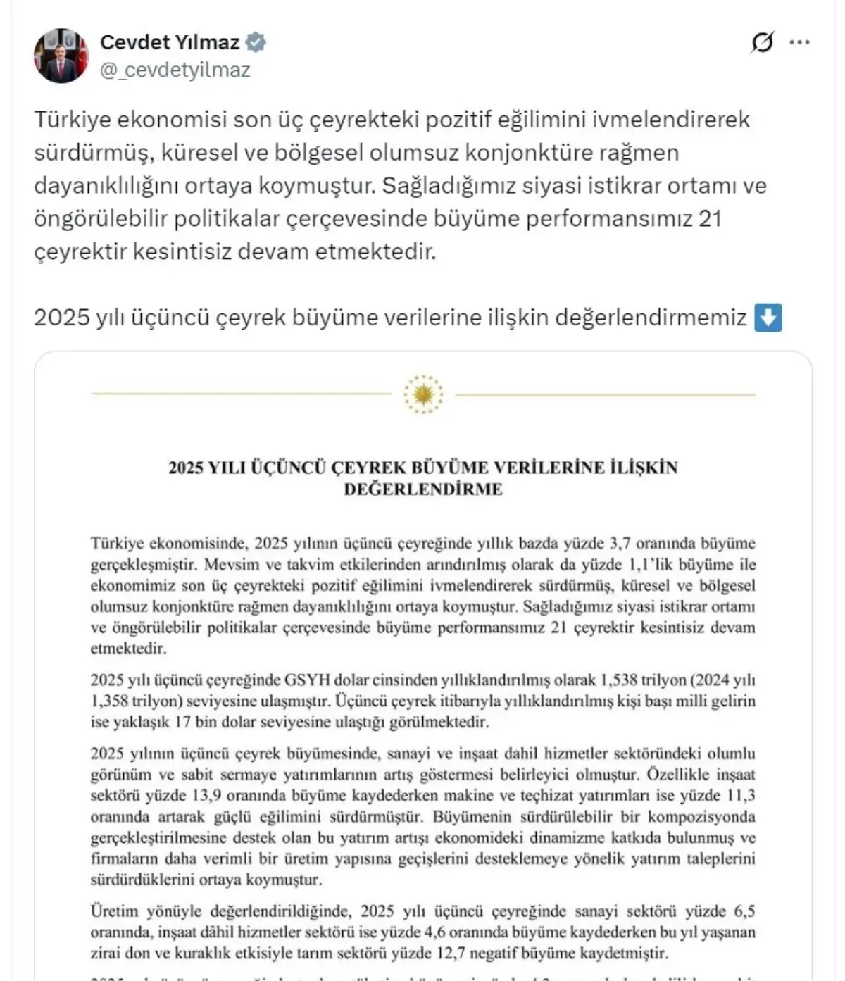 Türkiye Ekonomisi Üçüncü Çeyrekte %3,7 Büyüdü