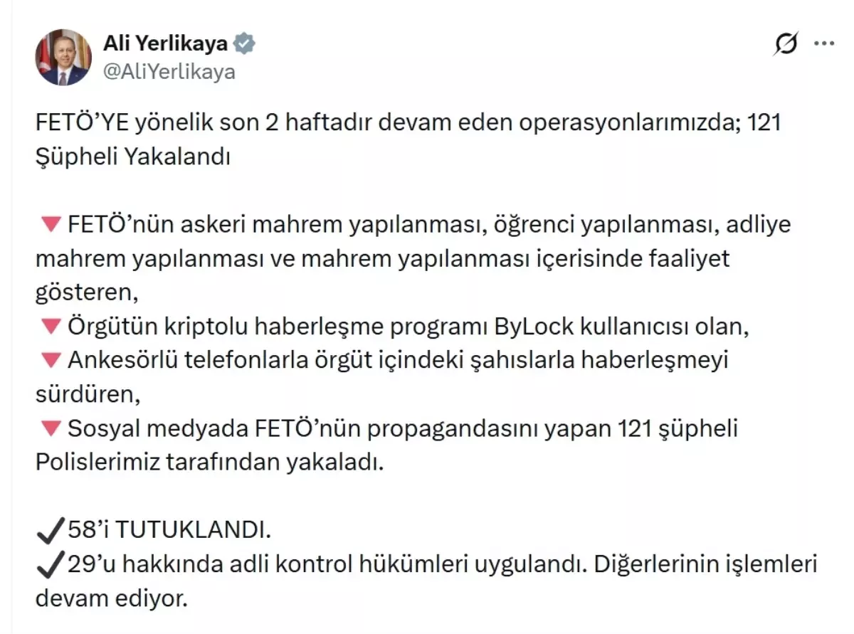 FETÖ'ye Yönelik Operasyon: 121 Şüpheli Yakalandı