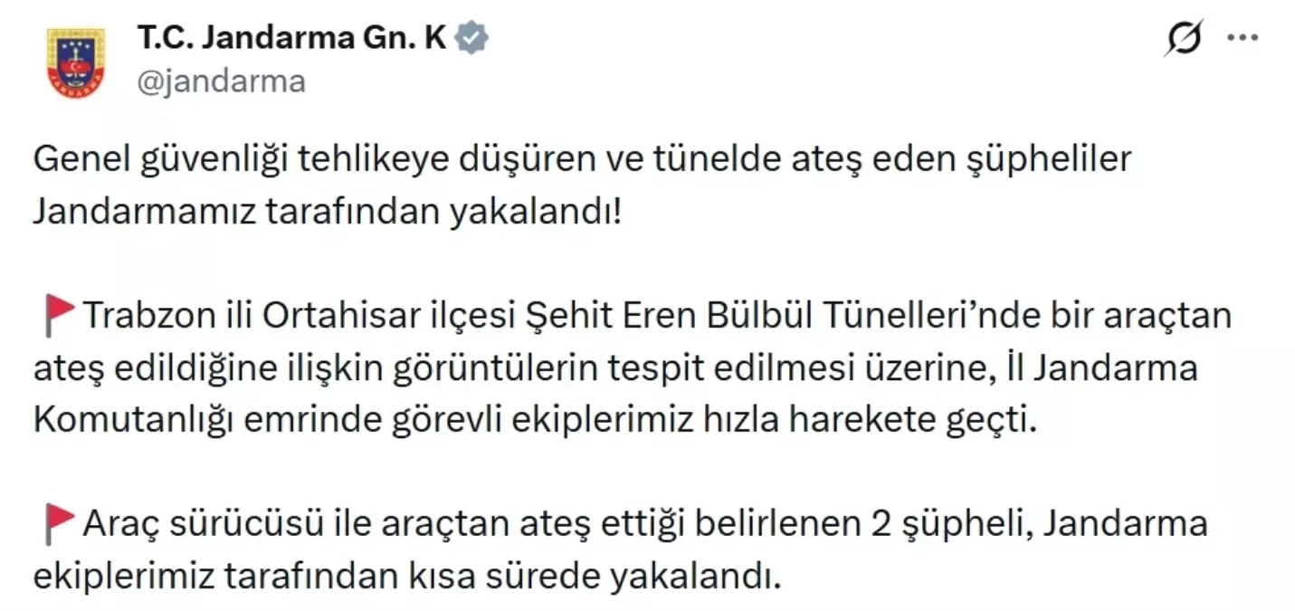 Trabzon'da Şehit Eren Bülbül Tünelleri'nde araçtan ateş eden şüpheliler yakalandı