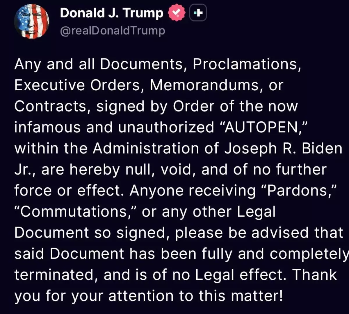 Trump, Biden döneminde "Autopen" ile imzalanan belgelerin geçerliliğini yitirdiğini açıkladı: "Bu şekilde af veya ceza indirimi alanlar yasal etkisinin olmadığını unutmamalı"