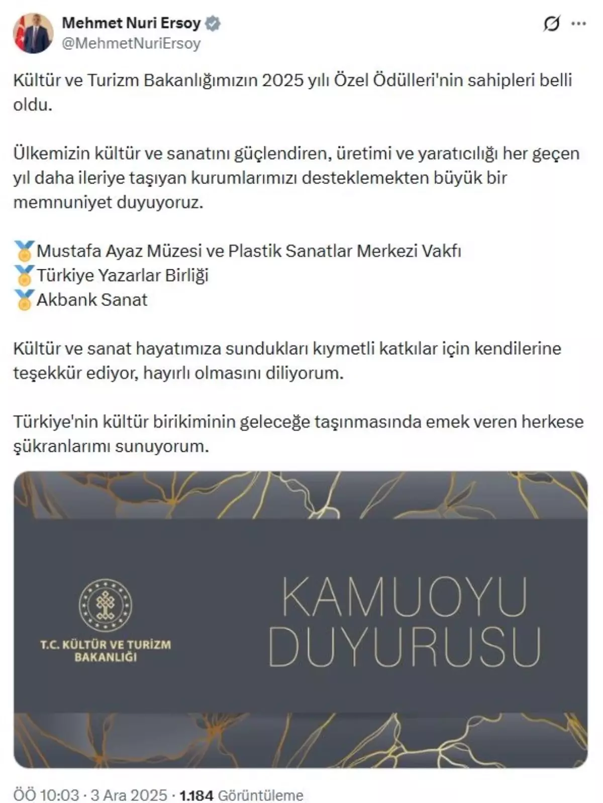 Kültür ve Turizm Bakanlığı Özel Ödülleri'nin 2025 yılı sahipleri belli oldu