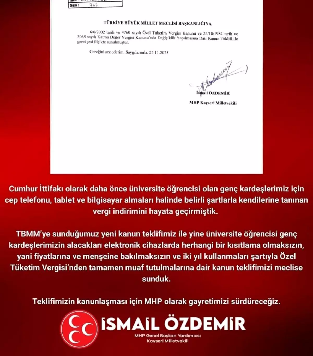 MHP'li Özdemir'den üniversiteliler için kanun teklifi