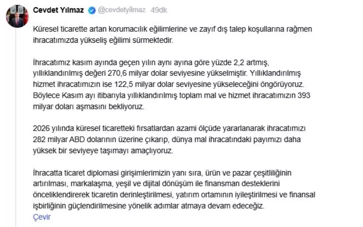 Cevdet Yılmaz: İhracatımızı 282 milyar doların üzerine çıkaracağız
