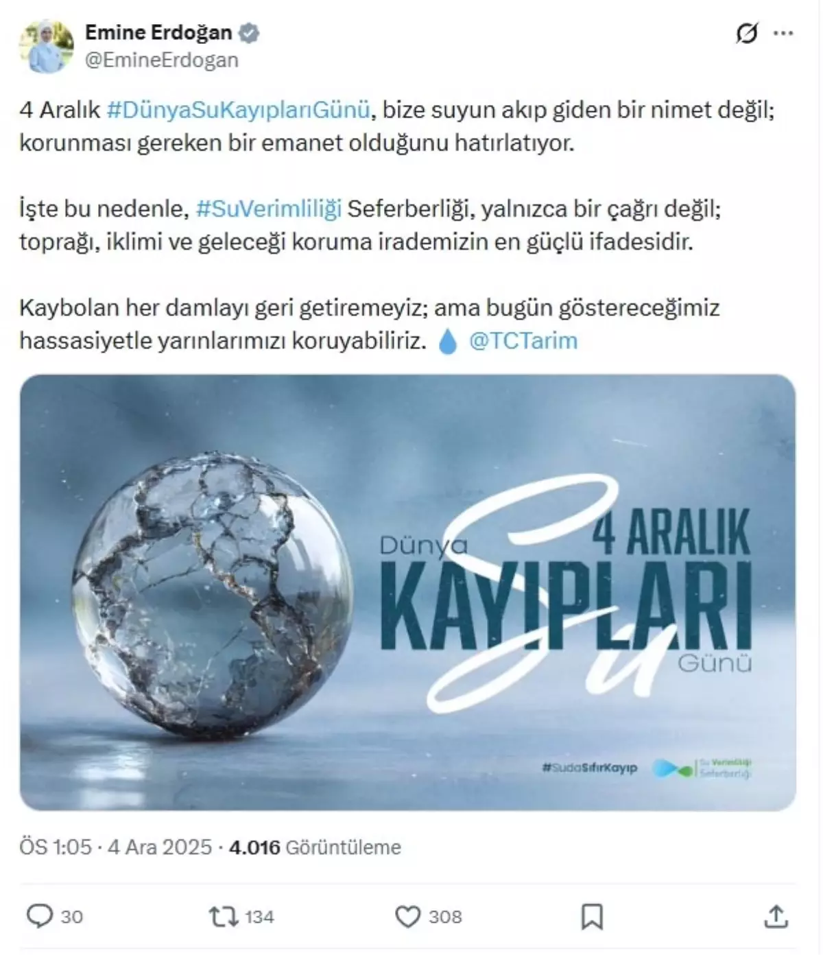Emine Erdoğan'dan, 'Dünya Su Kayıpları Günü' paylaşımı
