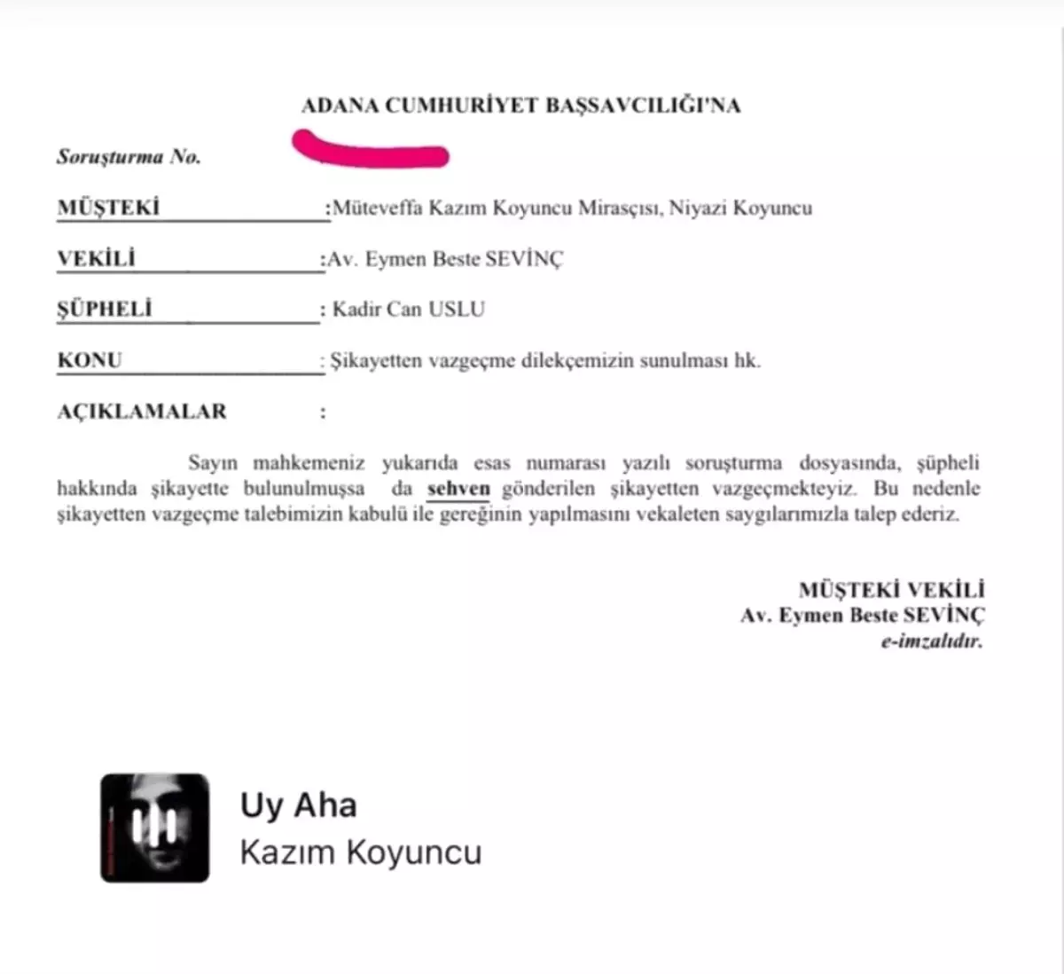 Kazım Koyuncu'nun mirasçısı Niyazi Koyuncu öğretmen hakkındaki telif şikayetini geri çekti