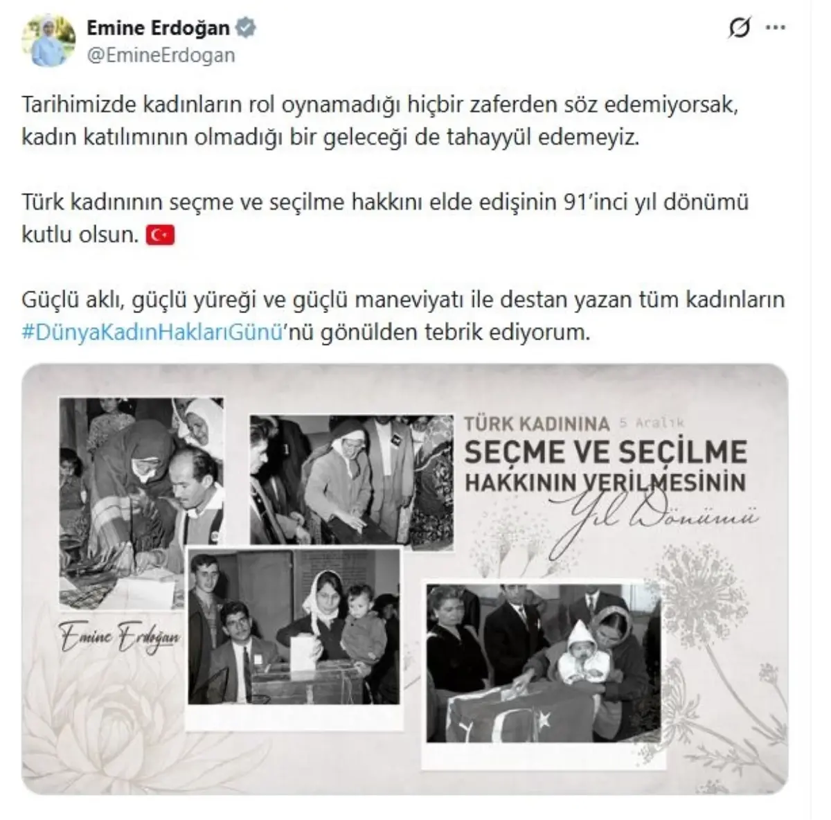 Emine Erdoğan'dan Türk Kadınının Seçme ve Seçilme Hakkı Kutlaması