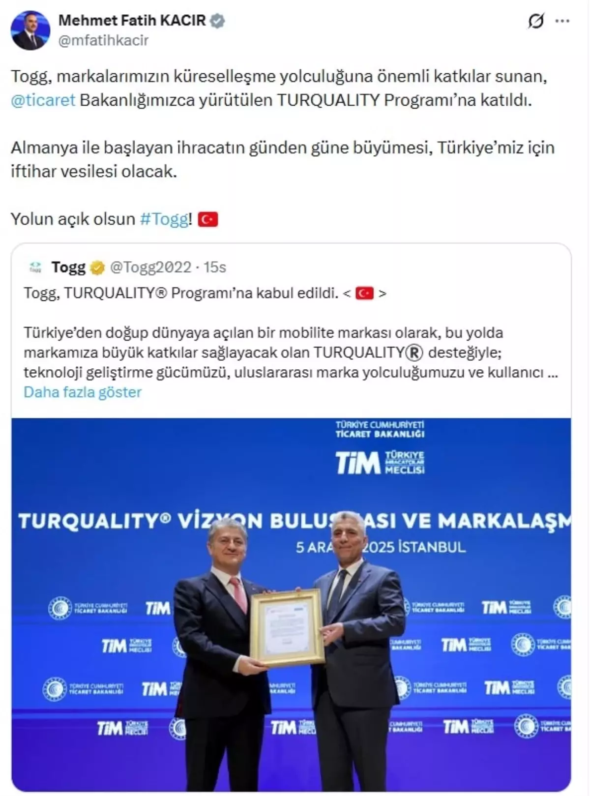 Bakan Kacır: Yolun açık olsun Togg