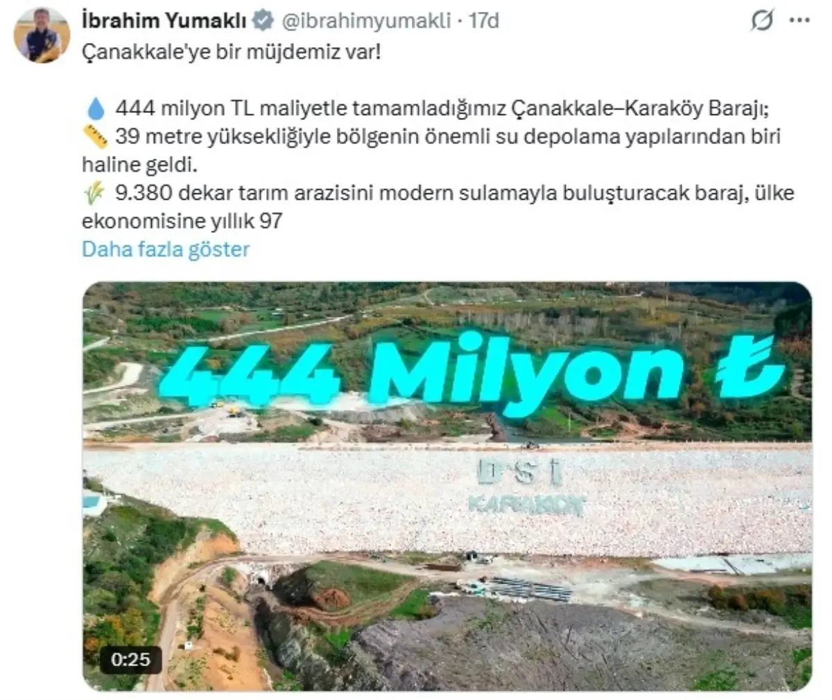 Bakan Yumaklı: Çanakkale-Karaköy Barajı, yıllık 97 milyon TL katkı sağlayacak