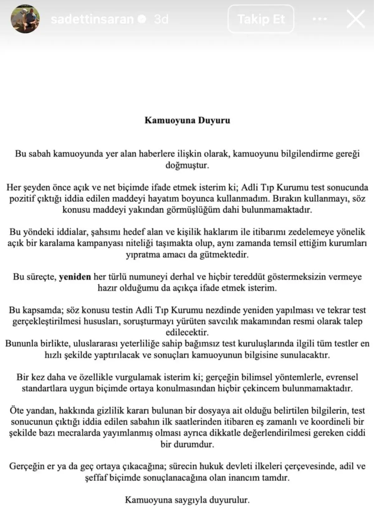 Sadettin Saran: "Test sonucunda pozitif çıktığı iddia edilen maddeyi hayatım boyunca kullanmadım"