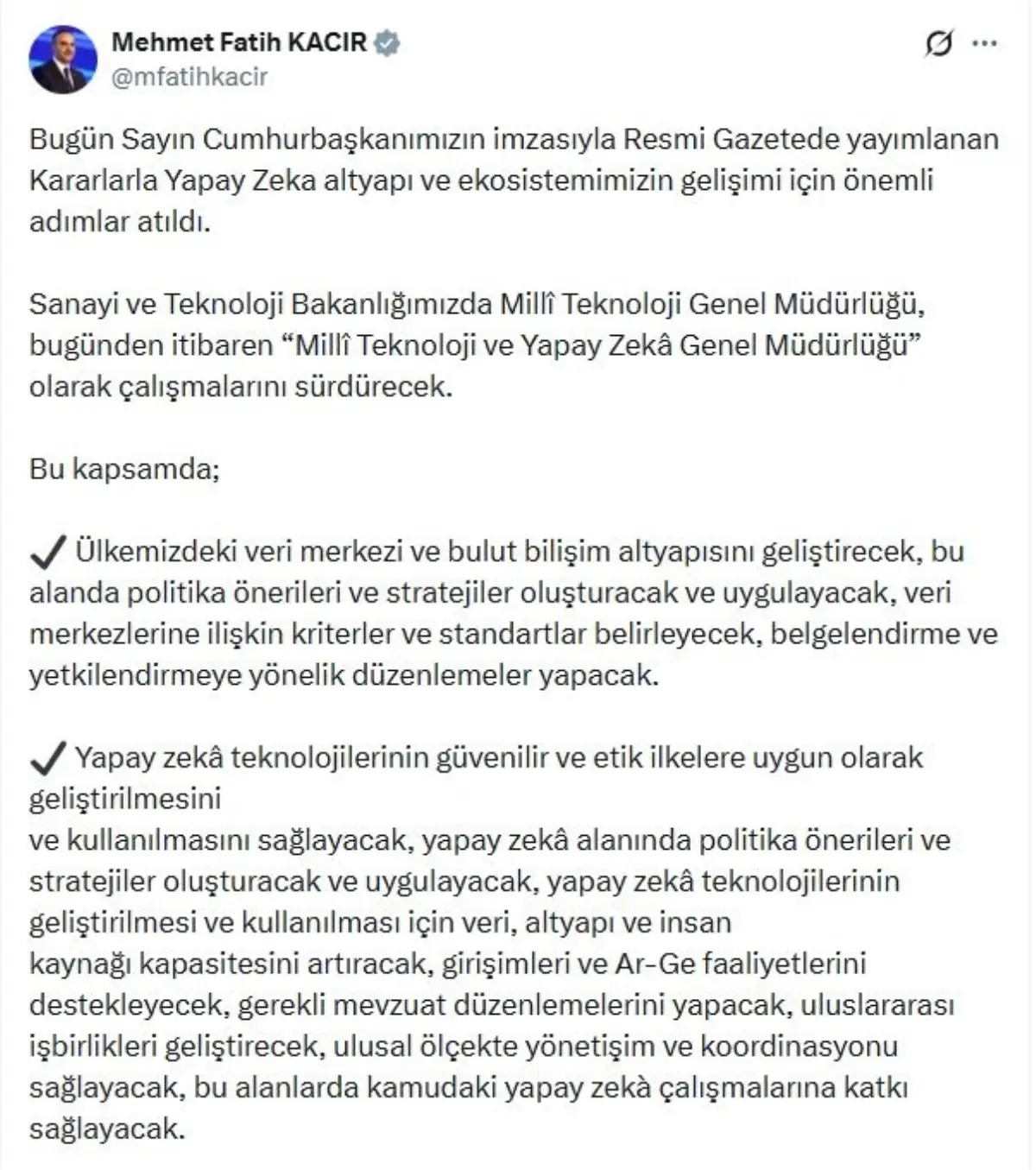 Milli Teknoloji Genel Müdürlüğü 'Yapay Zeka Genel Müdürlüğü' olarak değiştirildi