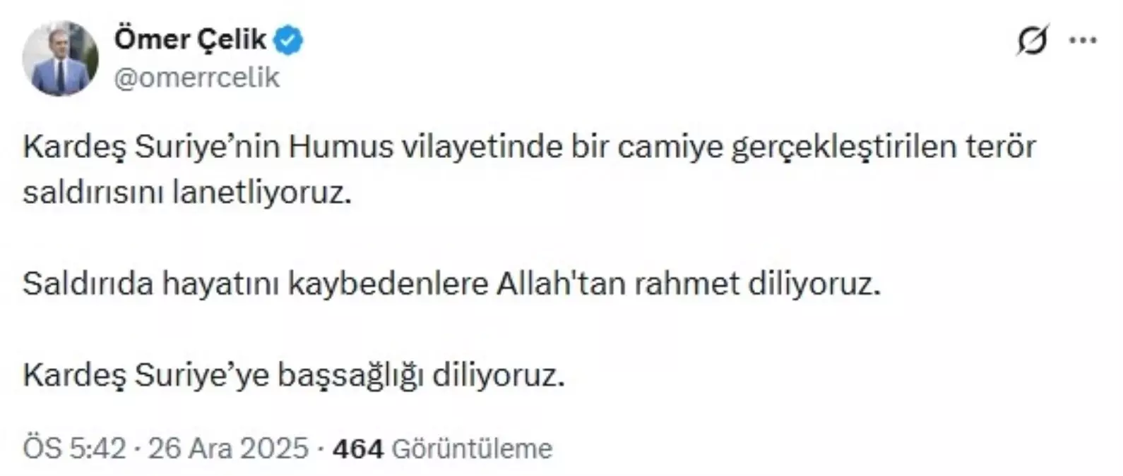AK Parti Sözcüsü Ömer Çelik, Suriye'deki Cami Saldırısını Lanetledi