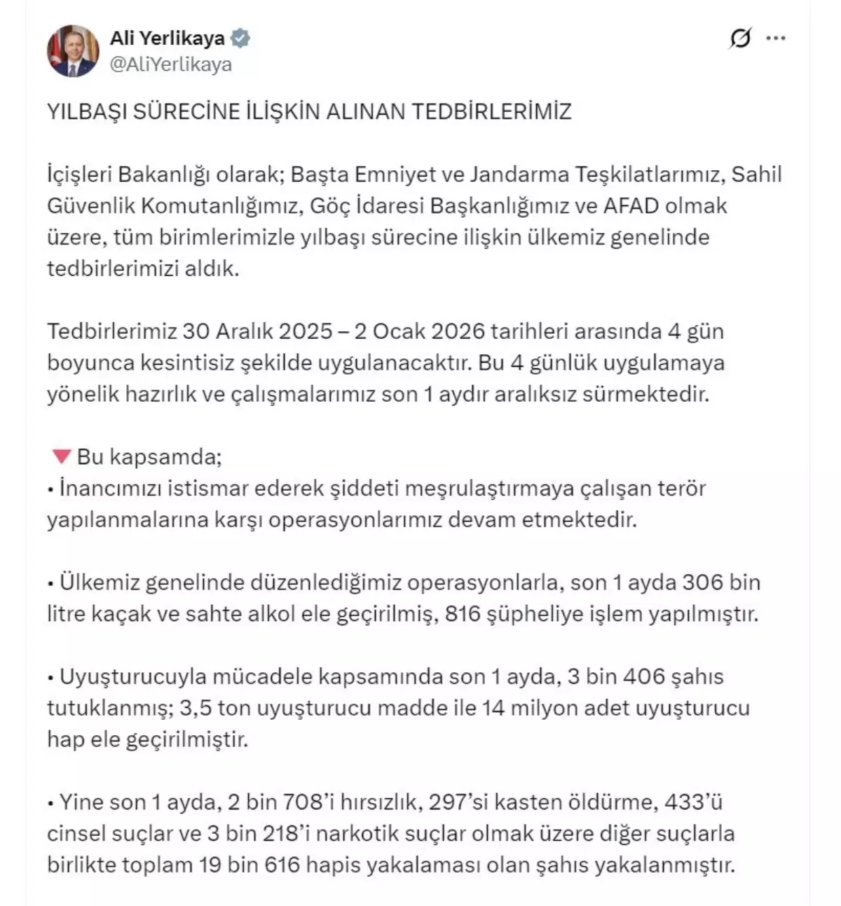Bakan Yerlikaya: Yılbaşı için 325 bin 267 personel görevlendirildi