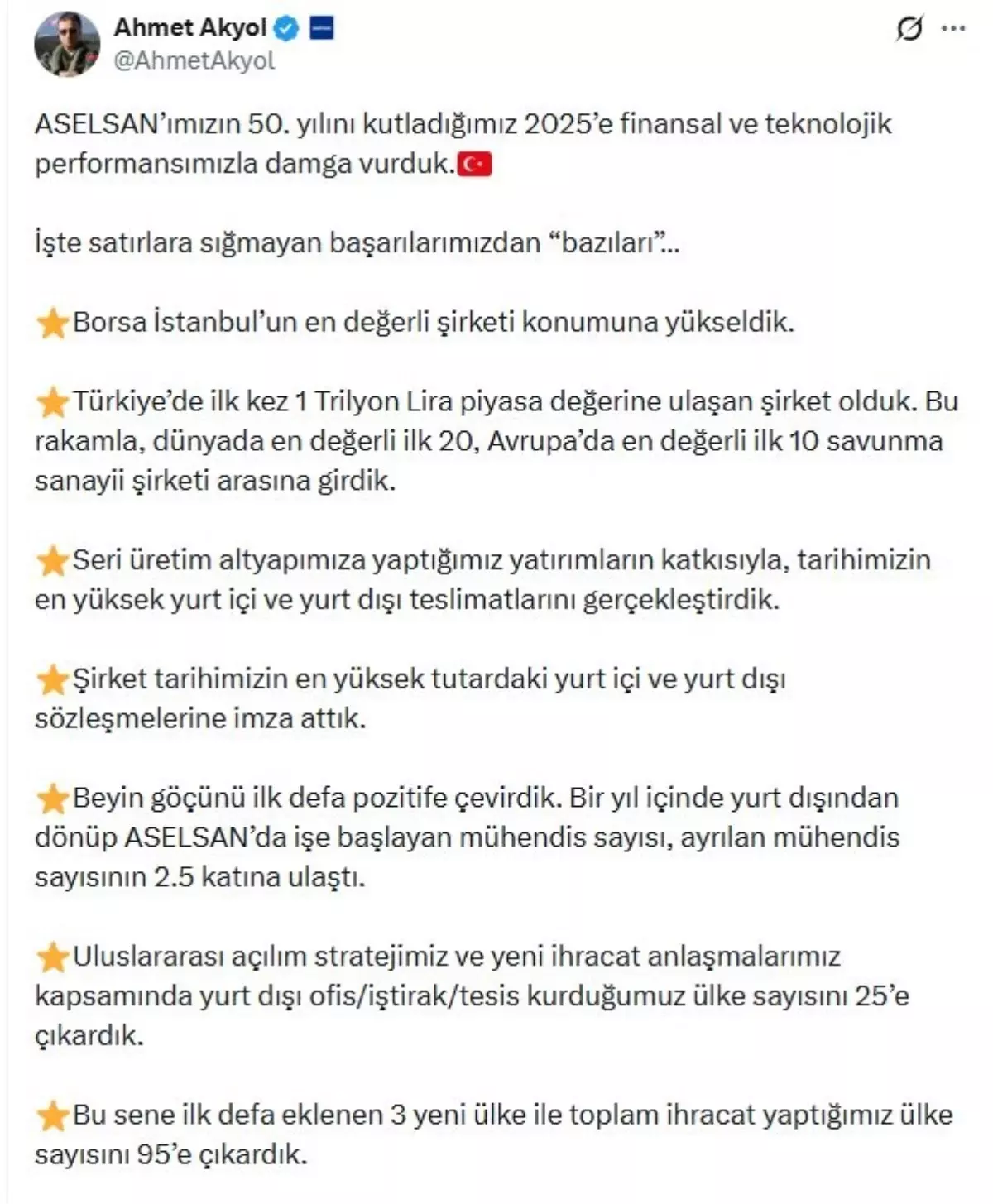 ASELSAN Genel Müdürü Akyol: Finansal ve teknolojik performansımızla 2025'e damga vurduk