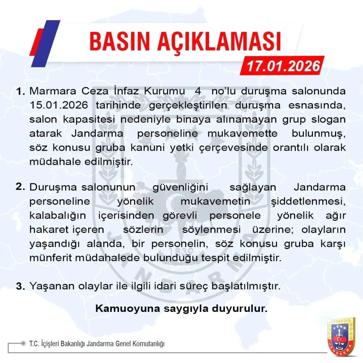 Jandarma Genel Komutanlığı: "Gruba kanuni yetki çerçevesinde orantılı olarak müdahale edilmiştir"