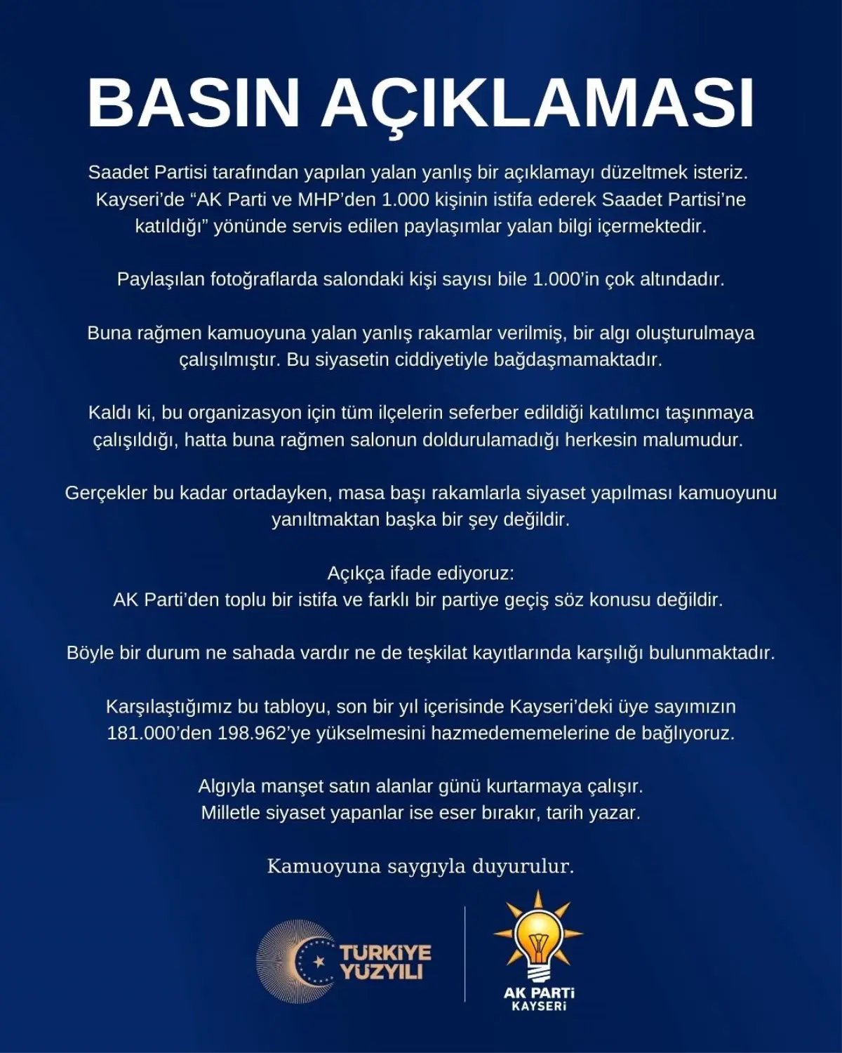 AK Parti Kayseri İl Başkanlığı: "AK Parti'den toplu bir istifa ve farklı bir partiye geçiş söz konusu değildir"