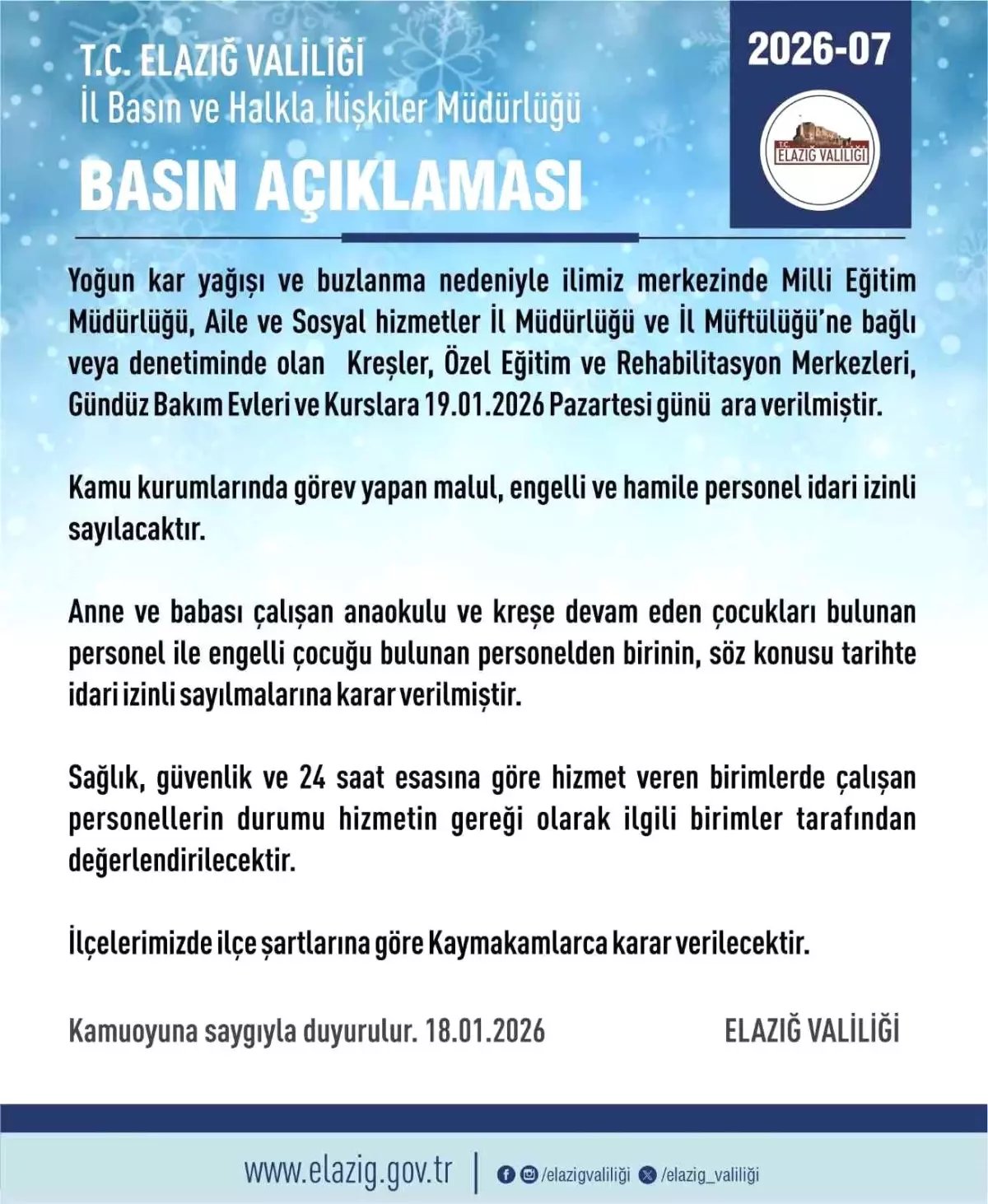 Elazığ'da rehabilitasyon ve bakımevi kurslarına kar tatili