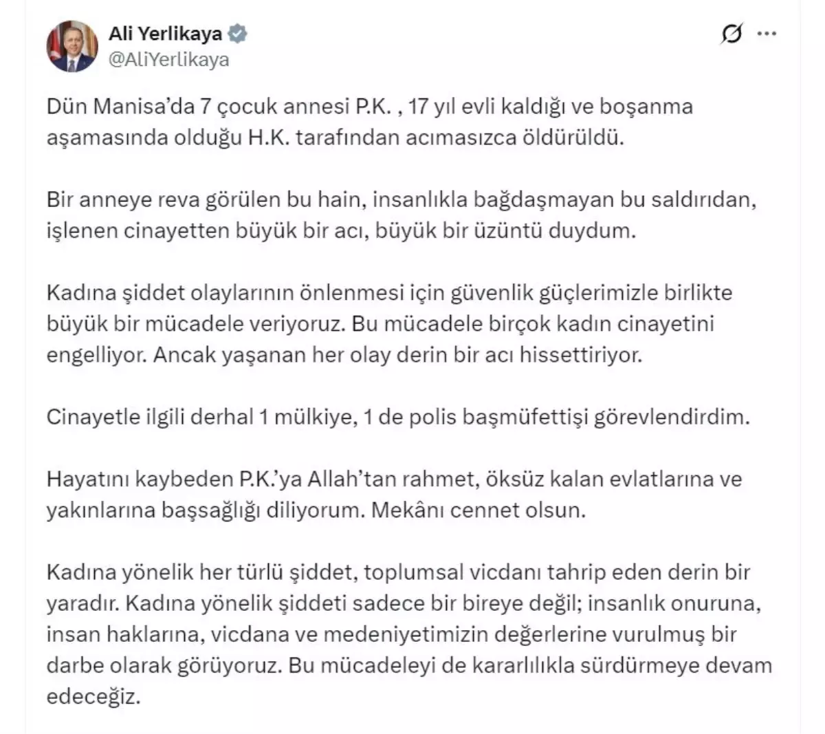 Bakan Yerlikaya: Manisa'daki cinayetle ilgili mülkiye ve polis başmüfettişi görevlendirdim