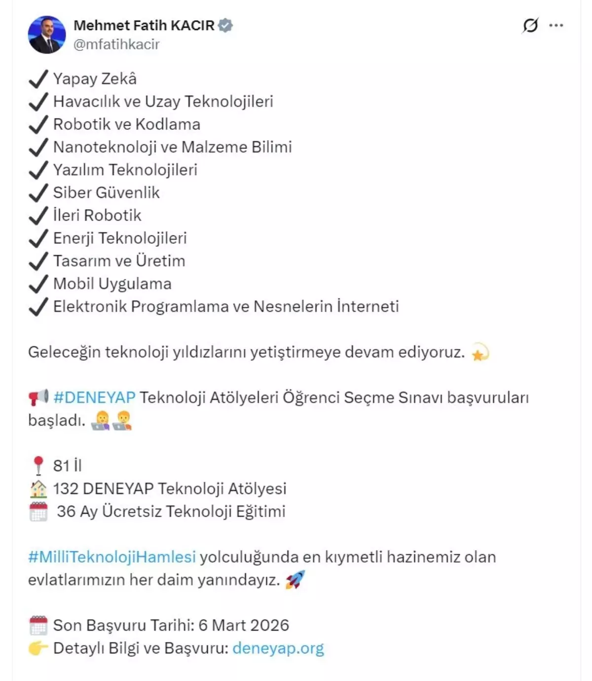 Bakan Kacır: DENEYAP Atölyeleri öğrenci seçme sınavı başvuruları başladı