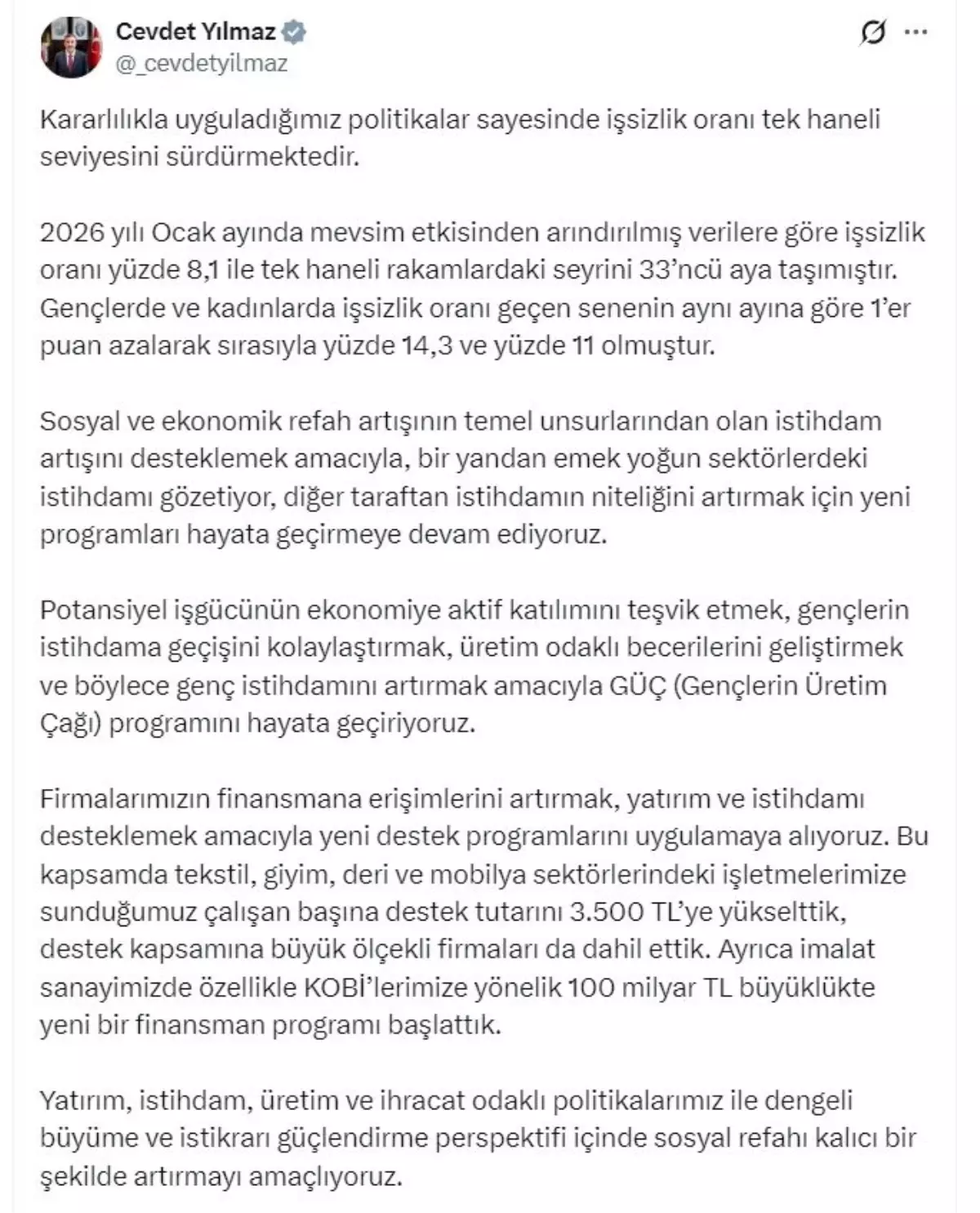 Cevdet Yılmaz: Yatırım, istihdam, üretim ve ihracat odaklı politikalarımız ile sosyal refahı artırmayı amaçlıyoruz