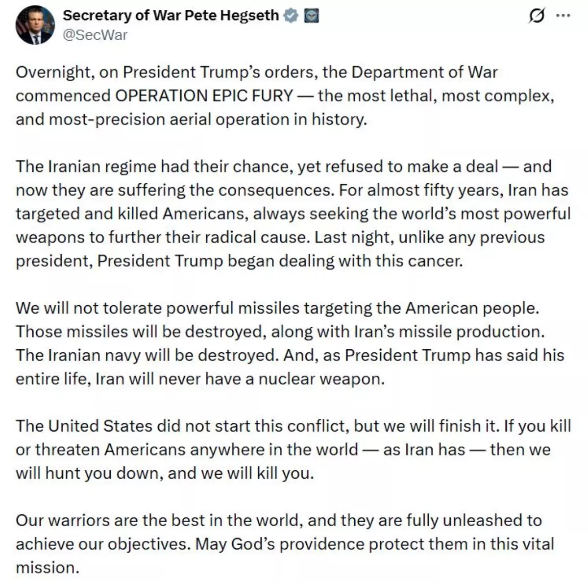 ABD Savunma Bakanı Hegseth, İran'a yönelik açıklamalarda bulundu