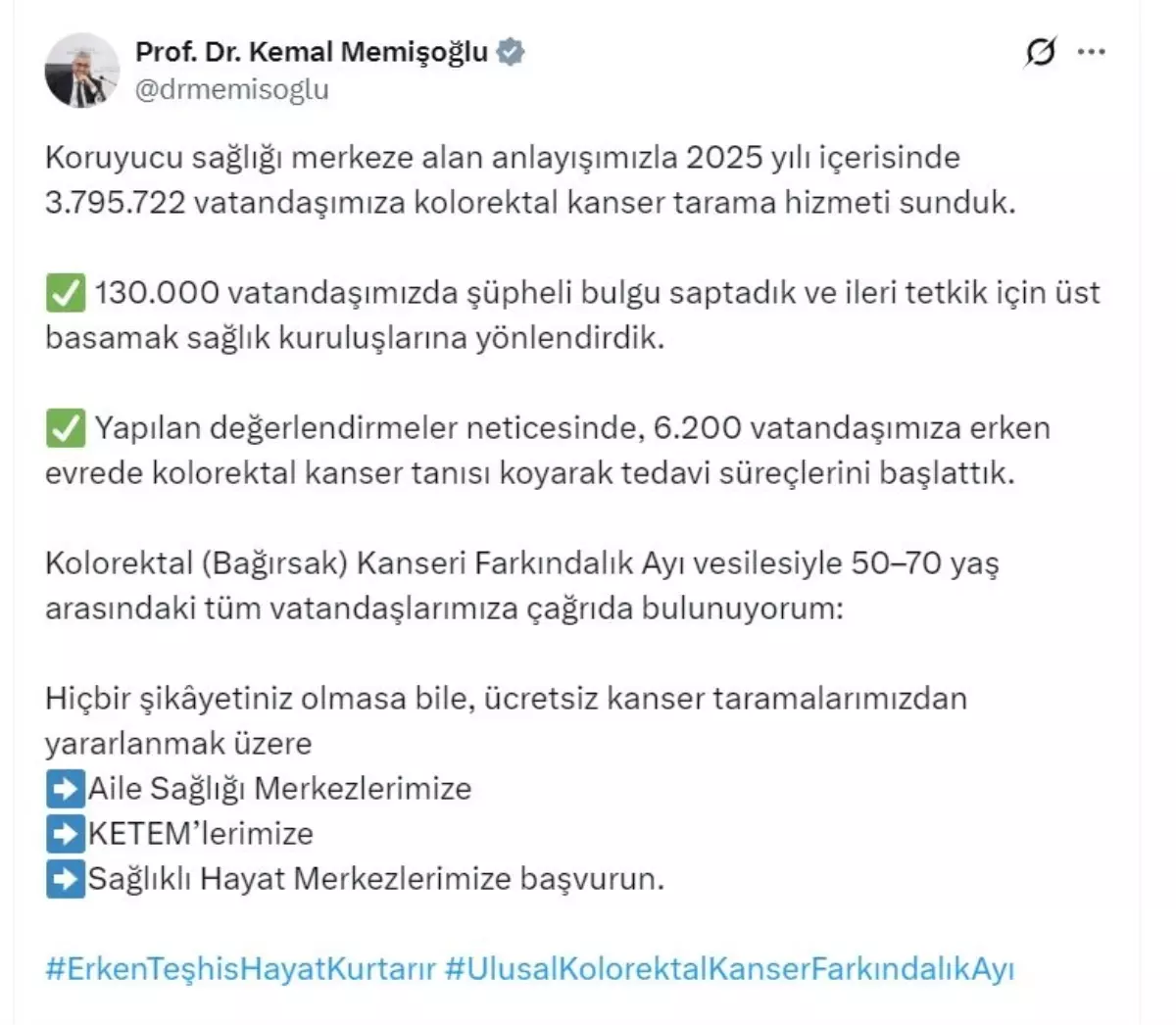 Bakan Memişoğlu: 2025'te 3 milyon 795 bin 722 vatandaşımıza kolorektal kanser tarama hizmeti sunduk