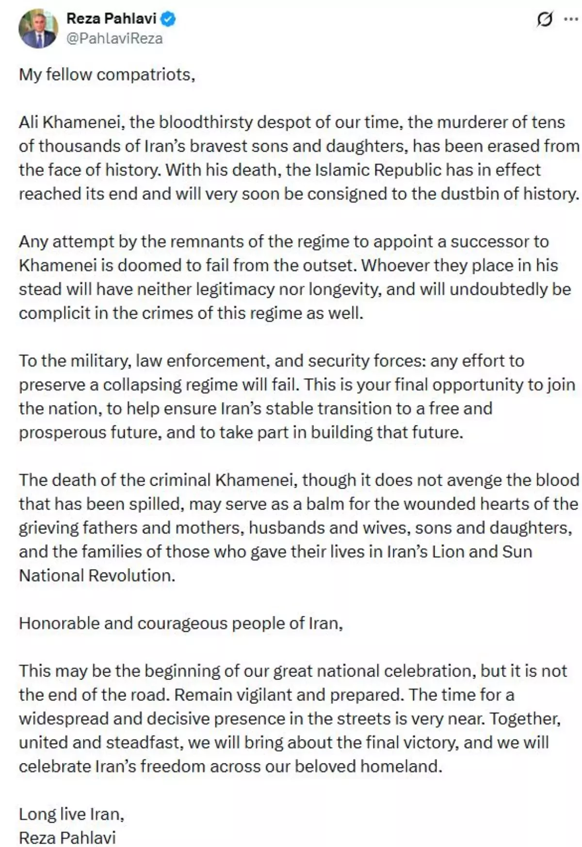 Sürgündeki Rıza Pehlevi: "Hamaney'in ölümüyle, İran rejimi fiilen sona erdi"