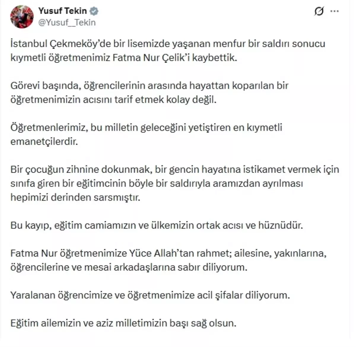 Çekmeköy'de Öğretmeni Bıçaklayan Öğrenci İçin Taziye Mesajı