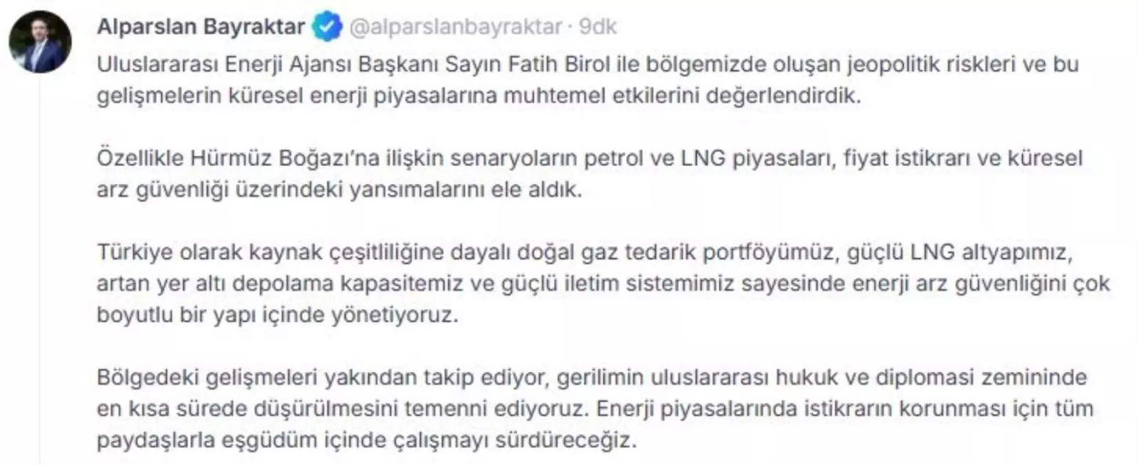 Bakan Bayraktar: Enerji arz güvenliğini çok boyutlu yönetiyoruz
