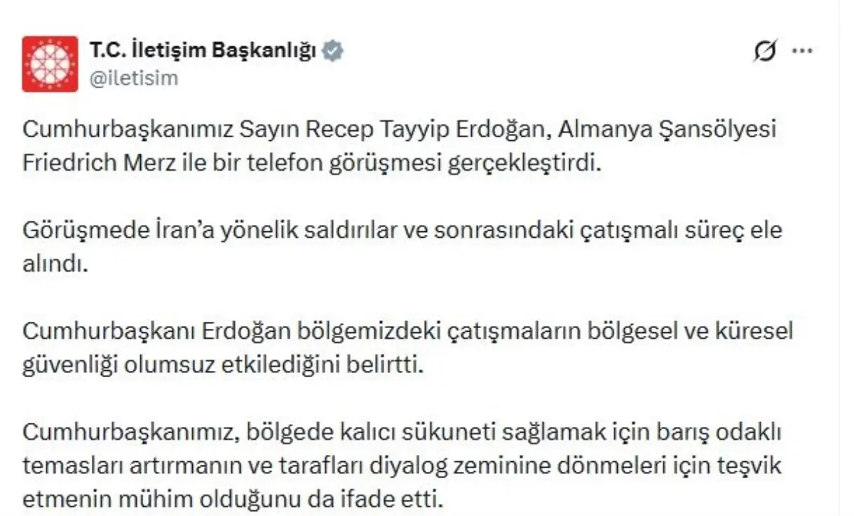 Cumhurbaşkanı Erdoğan'dan Almanya Şansölyesi Merz ile Telefon Görüşmesi