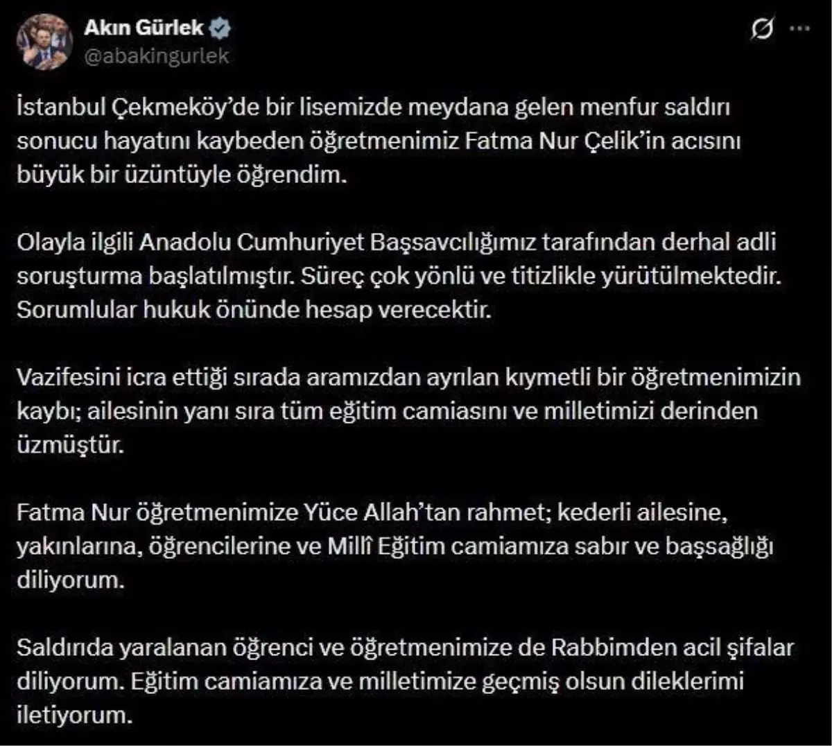 Bakan Gürlek: "(Öğretmen Fatma Nur Çelik) Olayla ilgili derhal adli soruşturma başlatılmıştır"