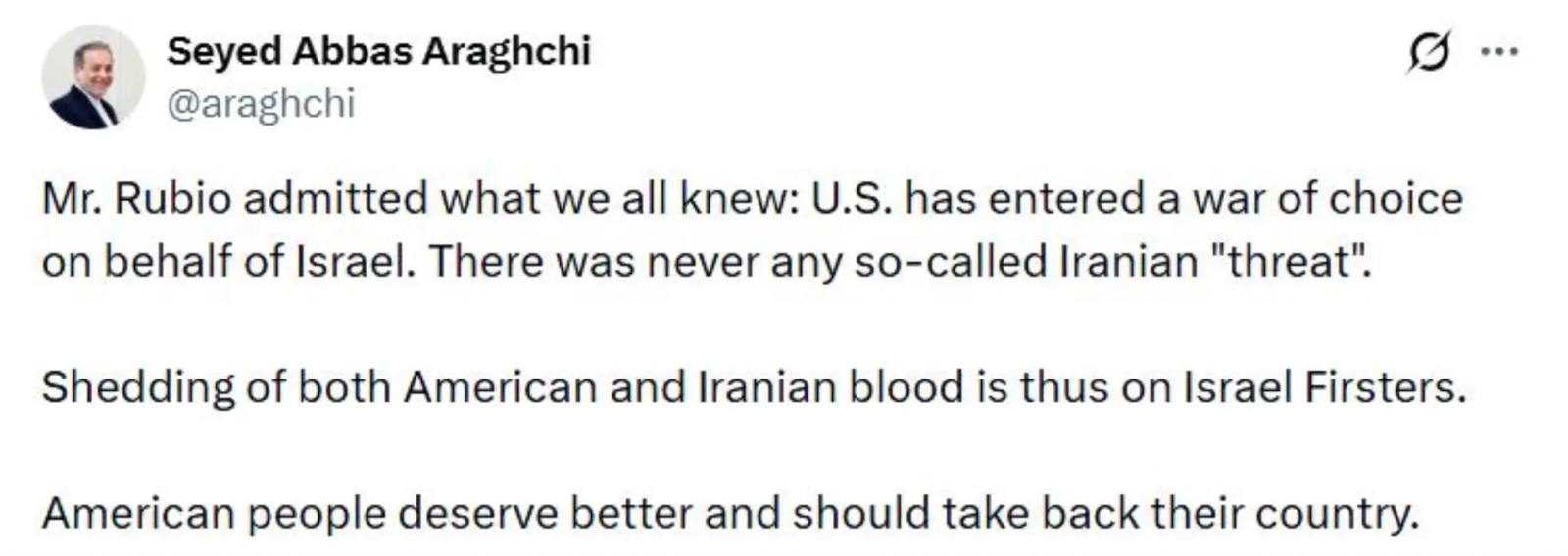 İran Dışişleri Bakanı Arakçi: "Rubio hepimizin bildiği bir şeyi itiraf etti: ABD, İsrail adına savaşa girdi"