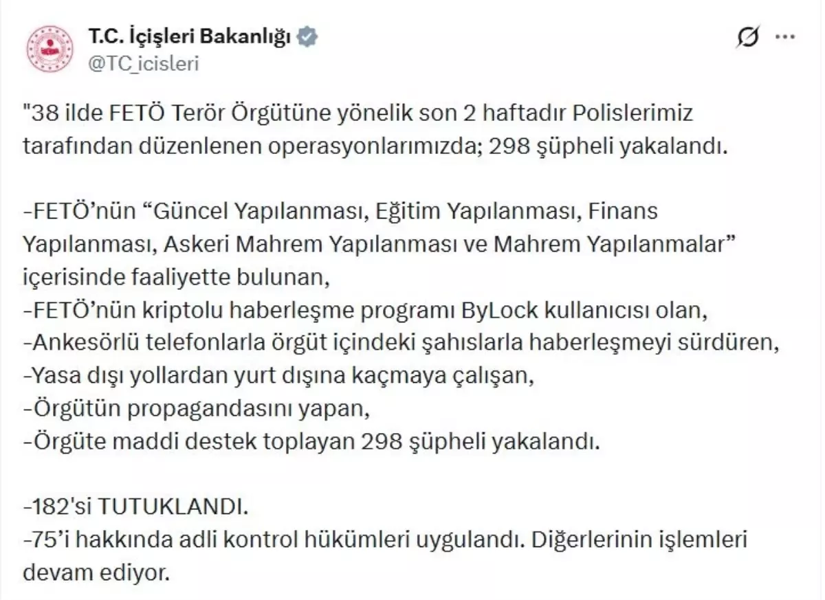 38 ilde FETÖ operasyonu; 182 tutuklama