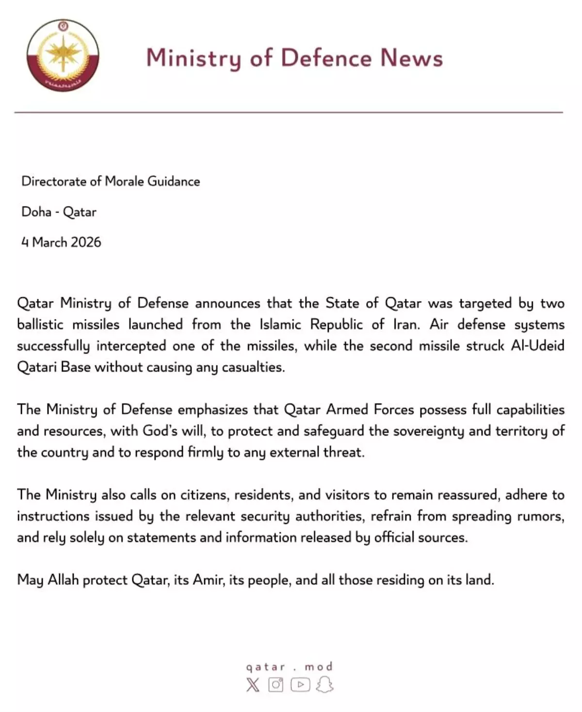 İran, Katar'daki ABD üssünü balistik füzeyle vurdu