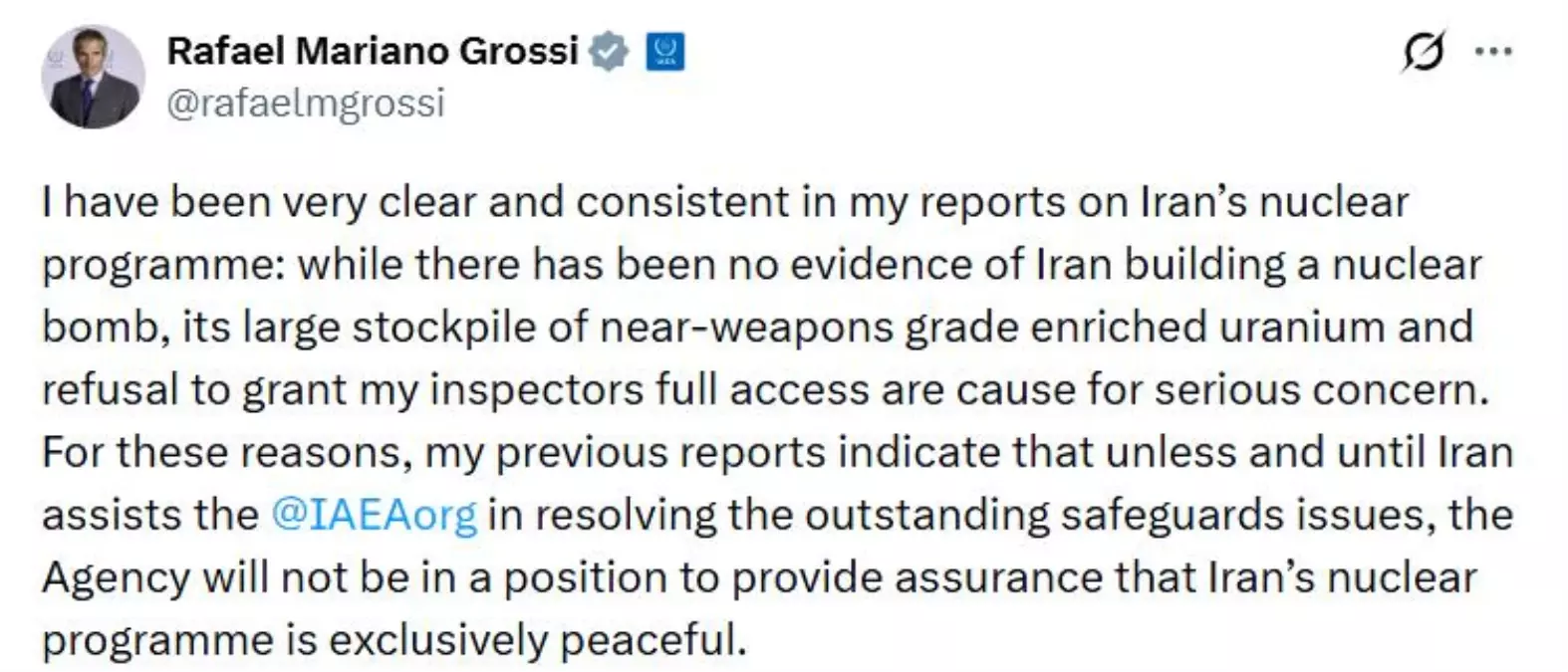 UAEA Başkanı Grossi, İran'ın nükleer bomba ürettiğine dair bir kanıtın bulunmadığını yineledi