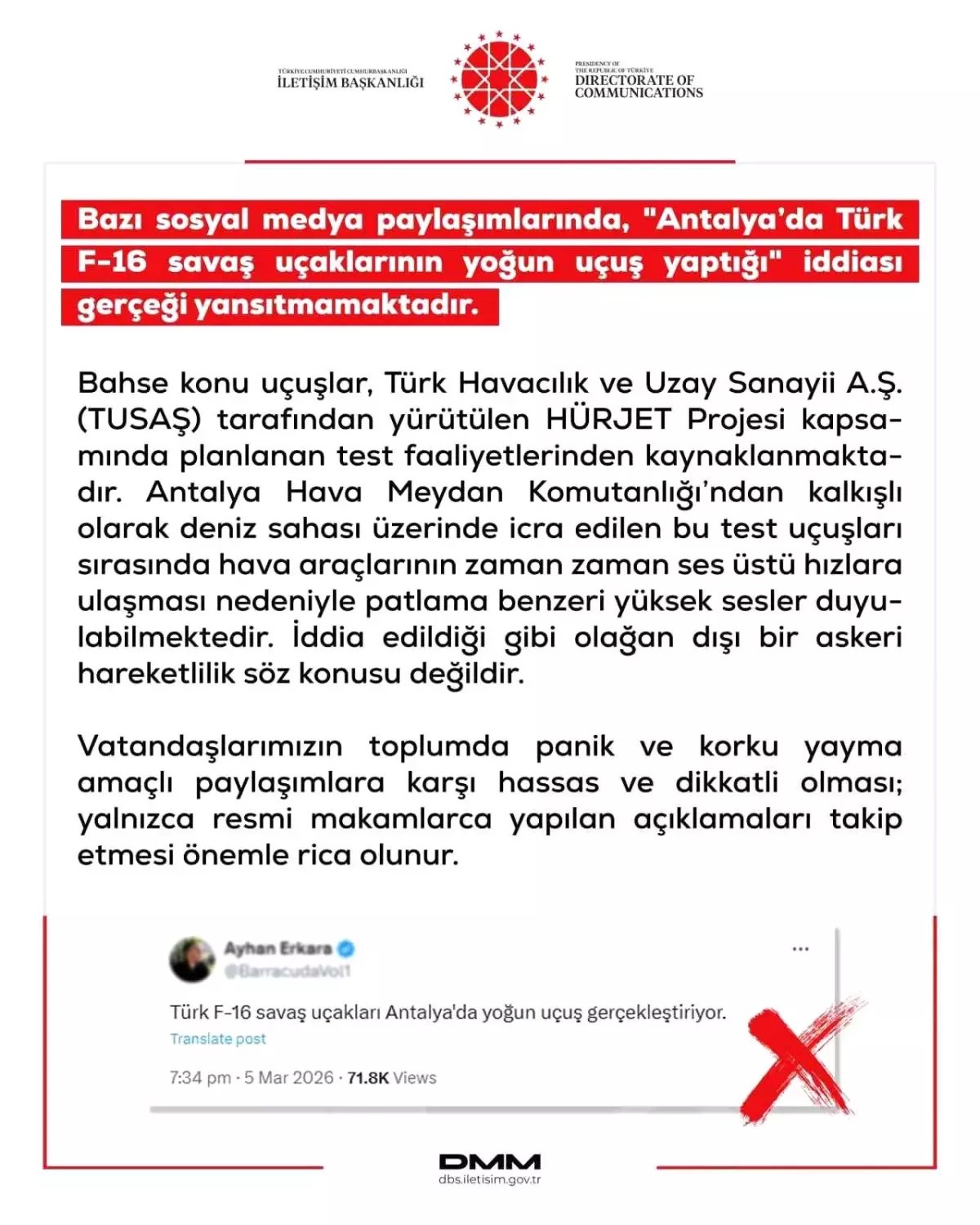 DMM'den "Antalya'da Türk F-16 savaş uçaklarının yoğun uçuş yaptığı" iddiasına yalanlama