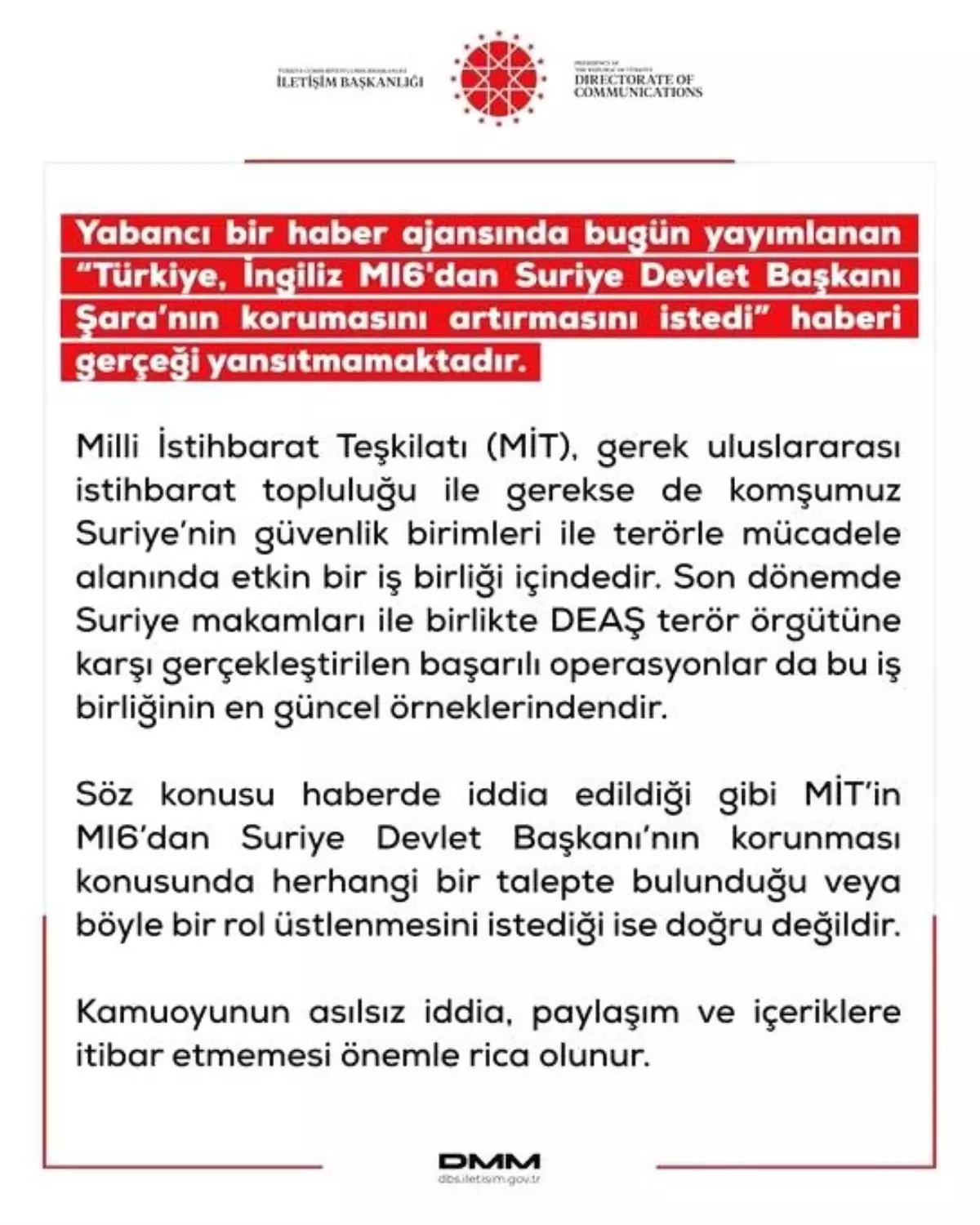 DMM'den "Türkiye, İngiliz MI6'dan Suriye Devlet Başkanı Şara'nın korumasını artırmasını istedi" haberine yalanlama