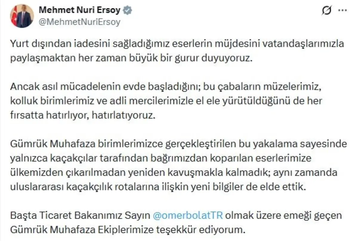 Kültür ve Turizm Bakanı Ersoy, İade Edilen Eserler İçin Teşekkür Etti