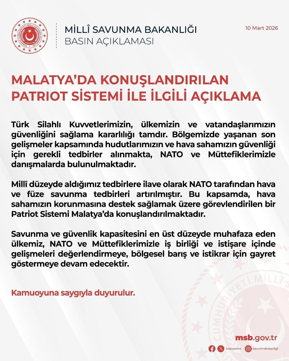 MSB: Türk hava sahasının korunmasına destek için Patriot sistemi Malatya'da konuşlandırıldı