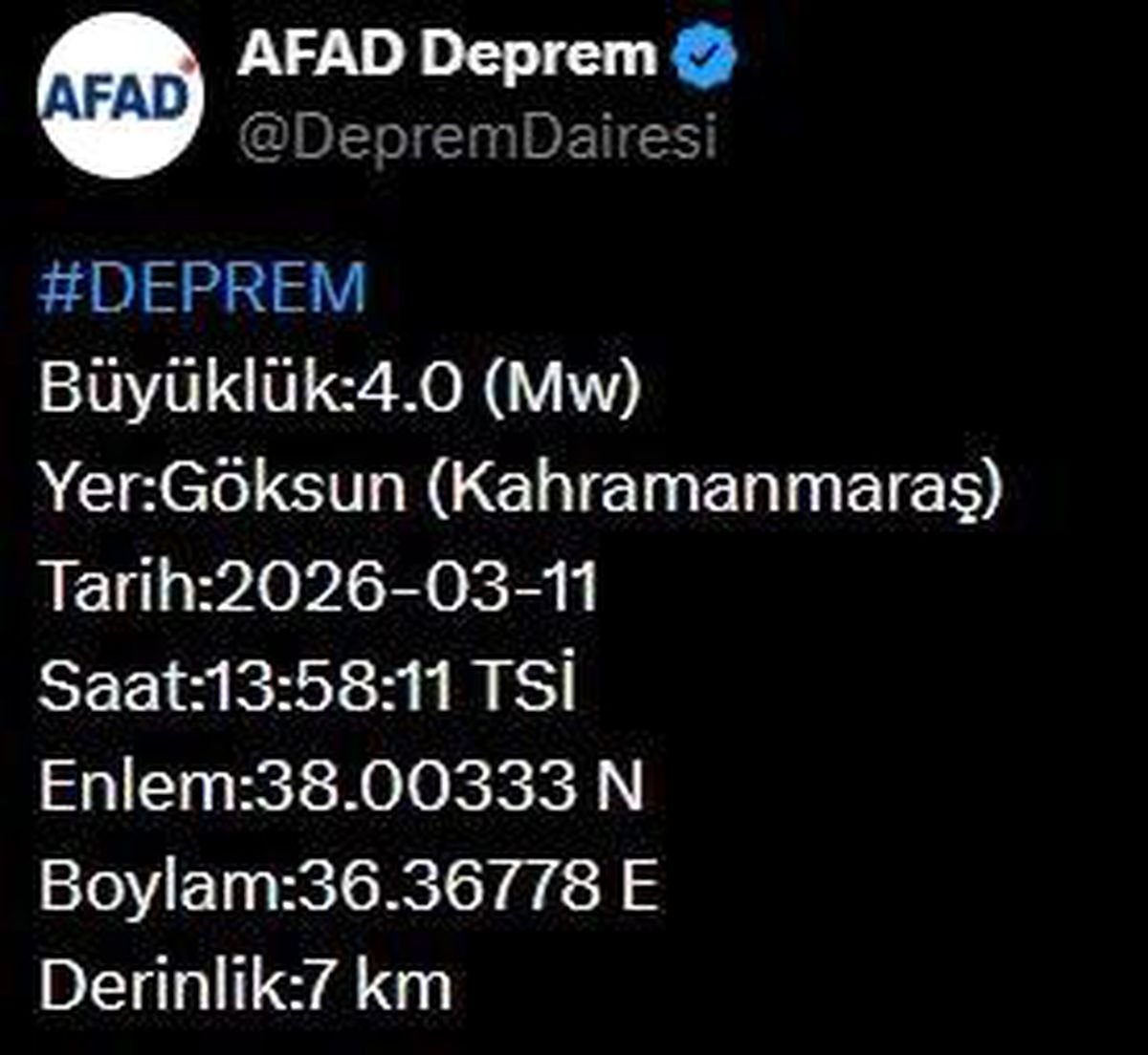AFAD duyurdu: Kahramanmaraş'ta 4 büyüklüğünde deprem