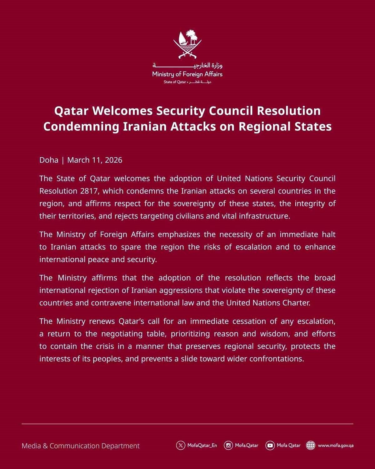 Katar'dan İran saldırılarını kınayan BM tasarısına destek açıklaması