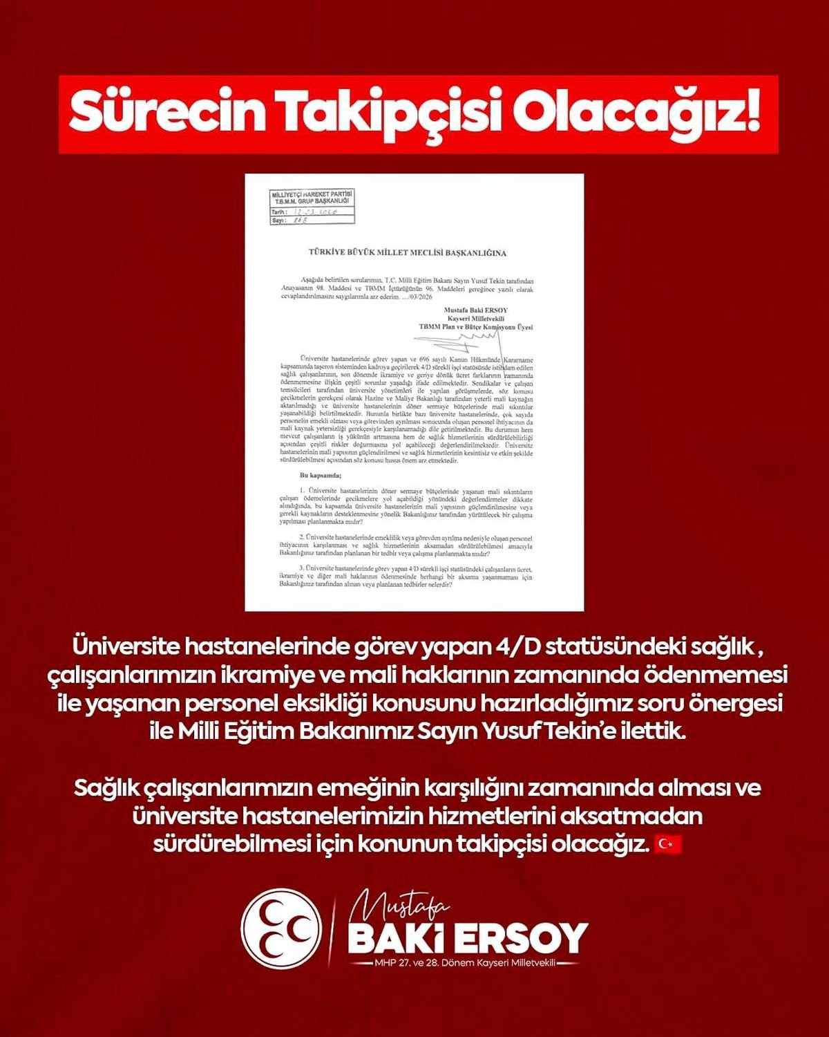 MHP'li Ersoy, üniversite hastanelerindeki mali sorunları TBMM gündemine taşıdı