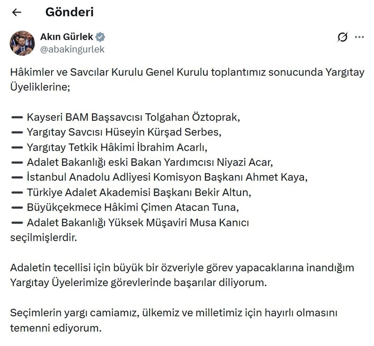 Bakan Gürlek, Yargıtay üyeliğine seçilen 8 ismi açıkladı